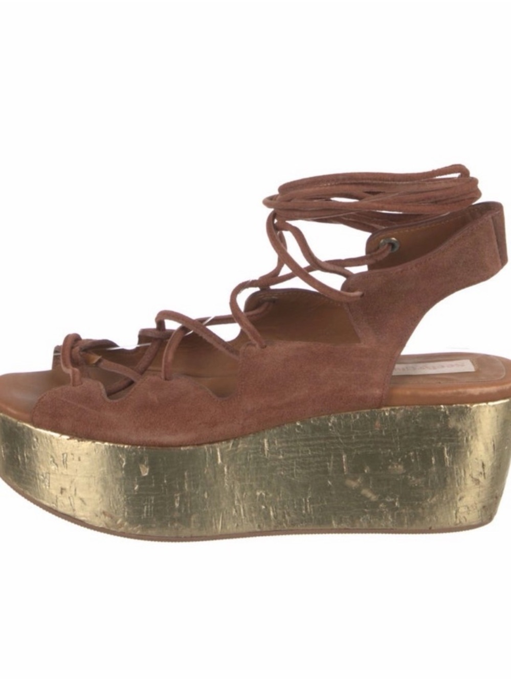 Suede Lace-Up Platform Sandal in Brown with Gold Wedge